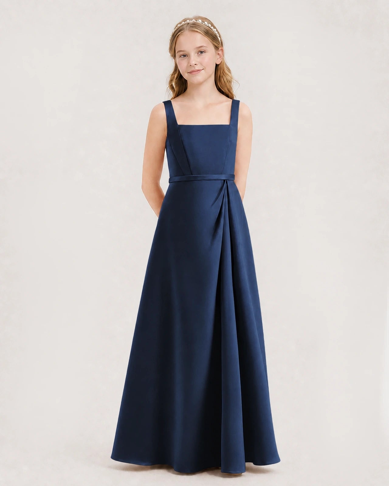 Navy Blue Satin Square Neckline Junior Bridesmaid Dresses Side View