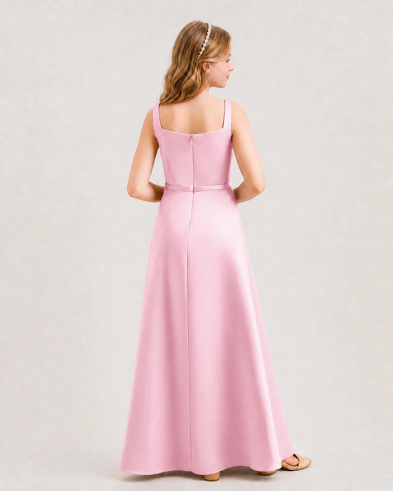 Pink Satin A-Line Junior Bridesmaid Dresses Back View