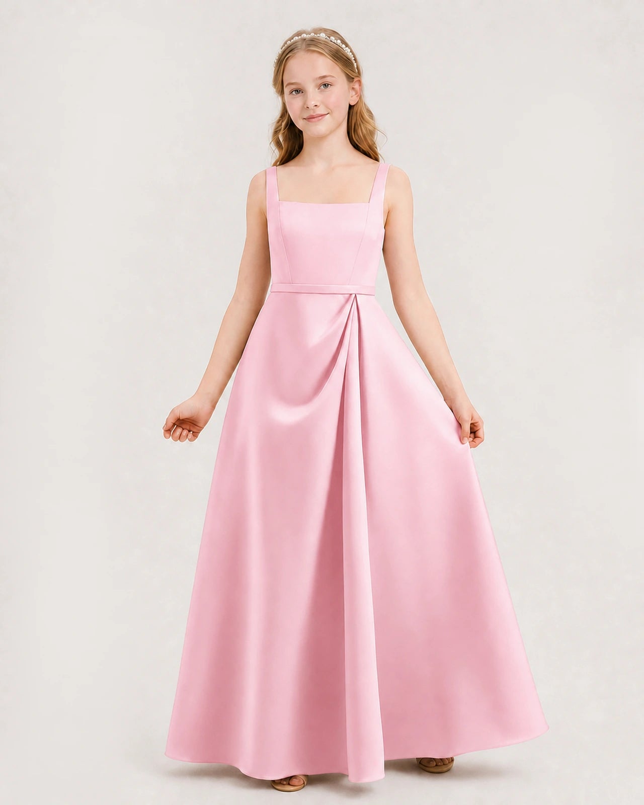 Pink Satin Square Neck A-Line Junior Bridesmaid Dresses Front View
