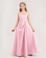 Pink Satin Square Neck A-Line Junior Bridesmaid Dresses Front View