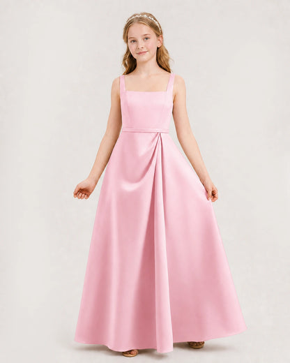 Pink Satin Square Neck A-Line Junior Bridesmaid Dresses Front View