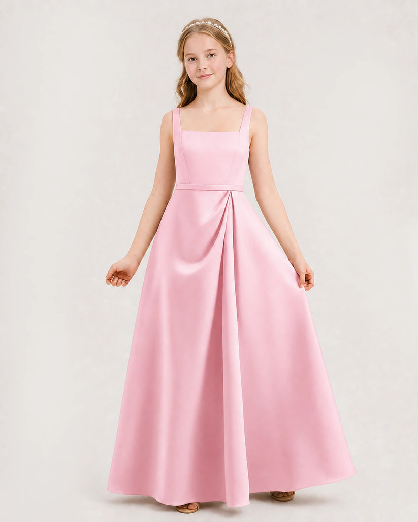 Pink Satin Square Neck A-Line Junior Bridesmaid Dresses Front View
