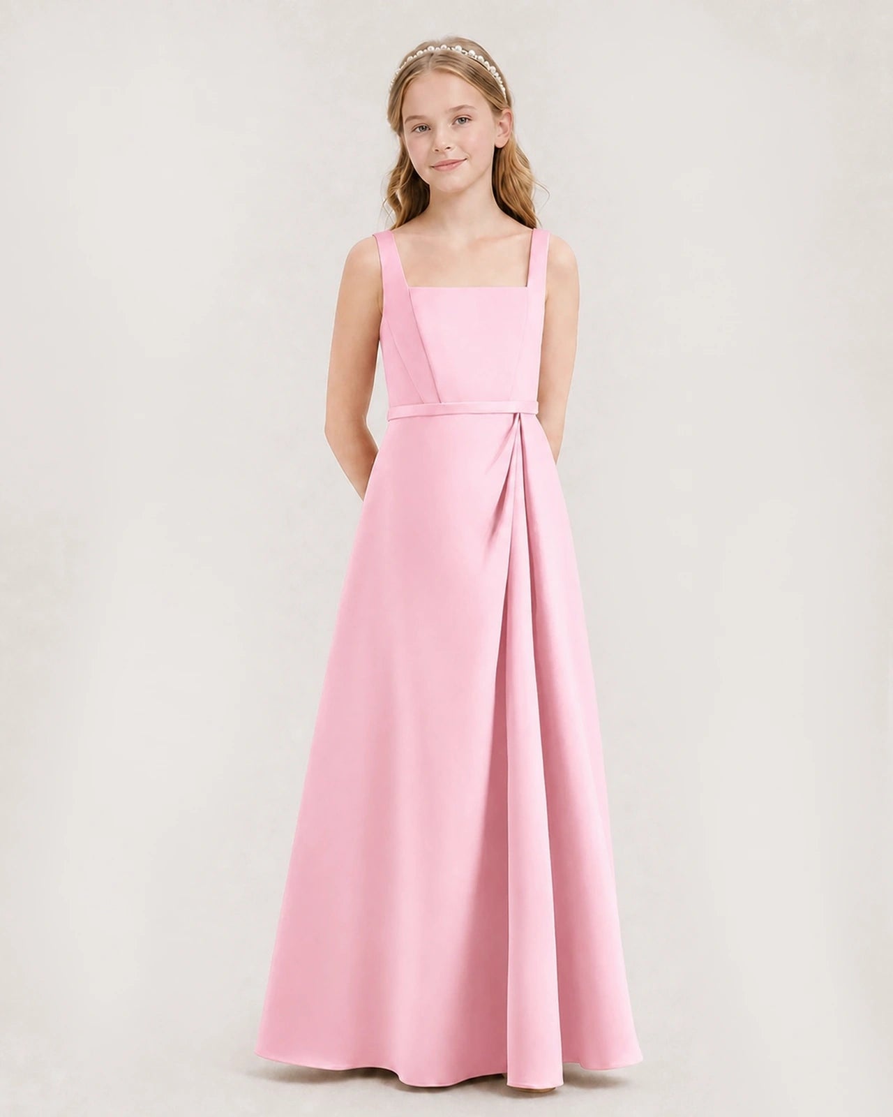 Pink Satin A-Line Junior Bridesmaid Dresses Side View
