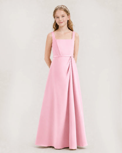 Pink Satin A-Line Junior Bridesmaid Dresses Side View