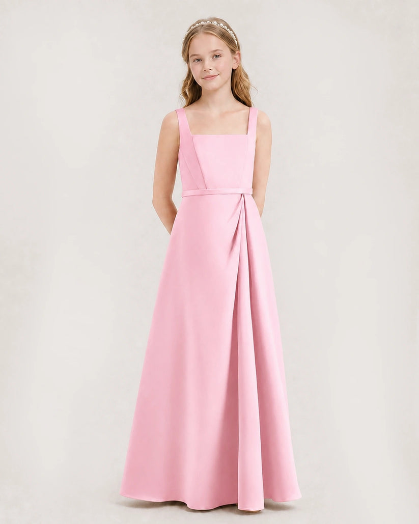 Pink Satin A-Line Junior Bridesmaid Dresses Side View