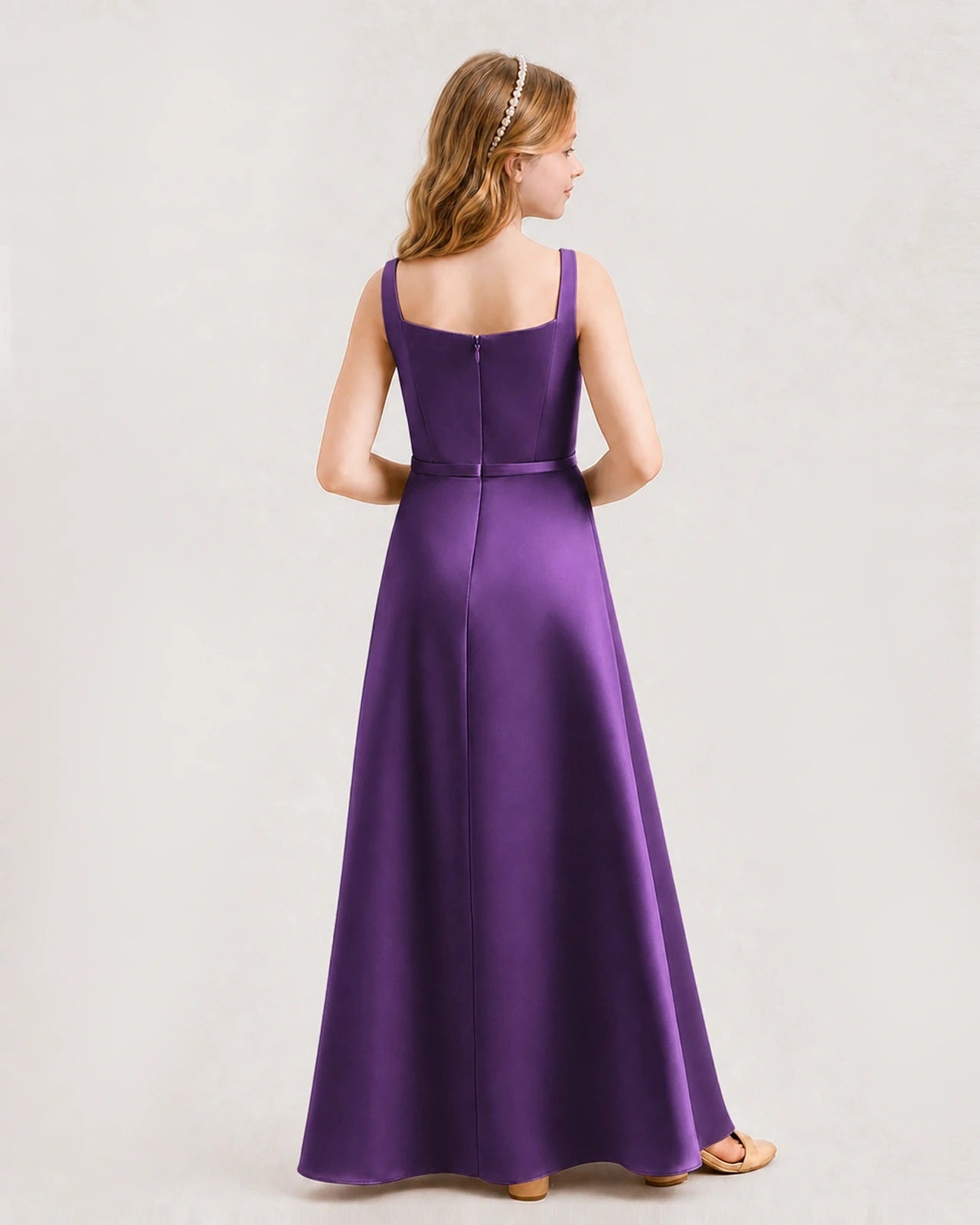Purple Satin A-Line Junior Bridesmaid Dresses Back View