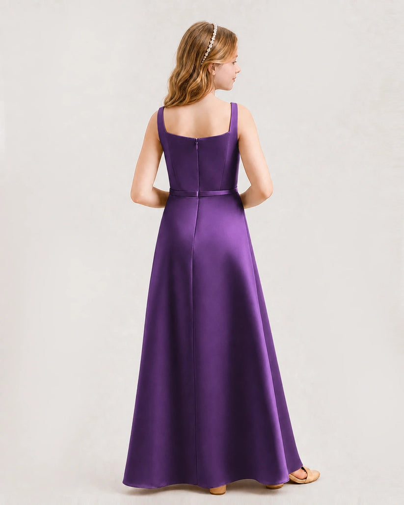 Purple Satin A-Line Junior Bridesmaid Dresses Back View