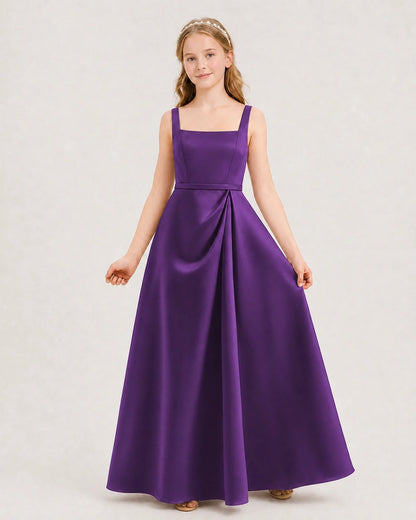 Purple Satin Square Neck A-Line Junior Bridesmaid Dresses Front View