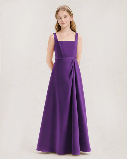 Purple Satin A-Line Junior Bridesmaid Dresses Side View