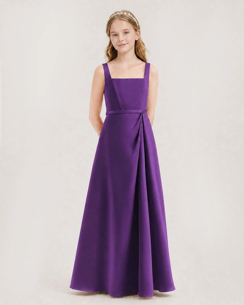 Purple Satin A-Line Junior Bridesmaid Dresses Side View