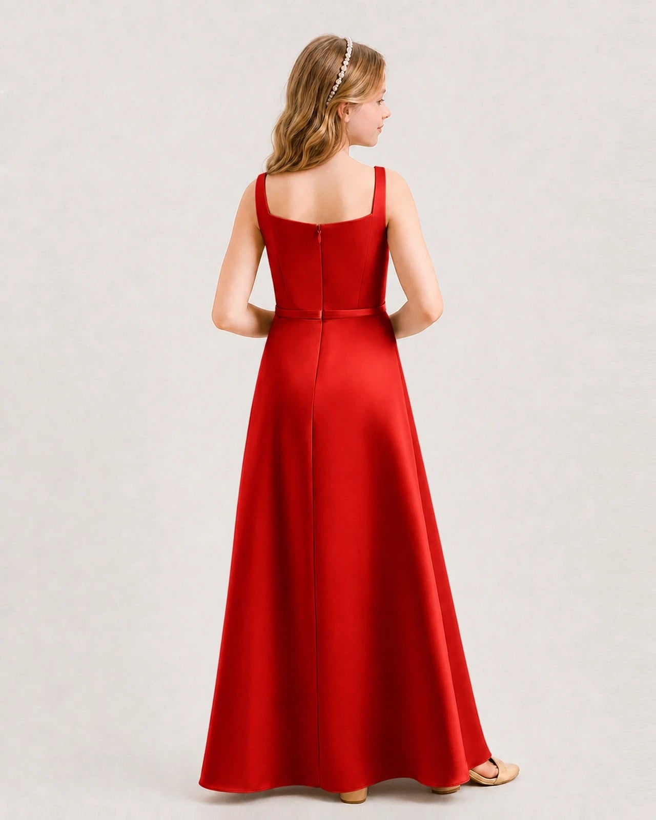 Red satin A-line junior bridesmaid dress, back view