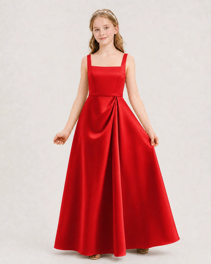 Red Satin Square Neck A-Line Junior Bridesmaid Dresses Front View