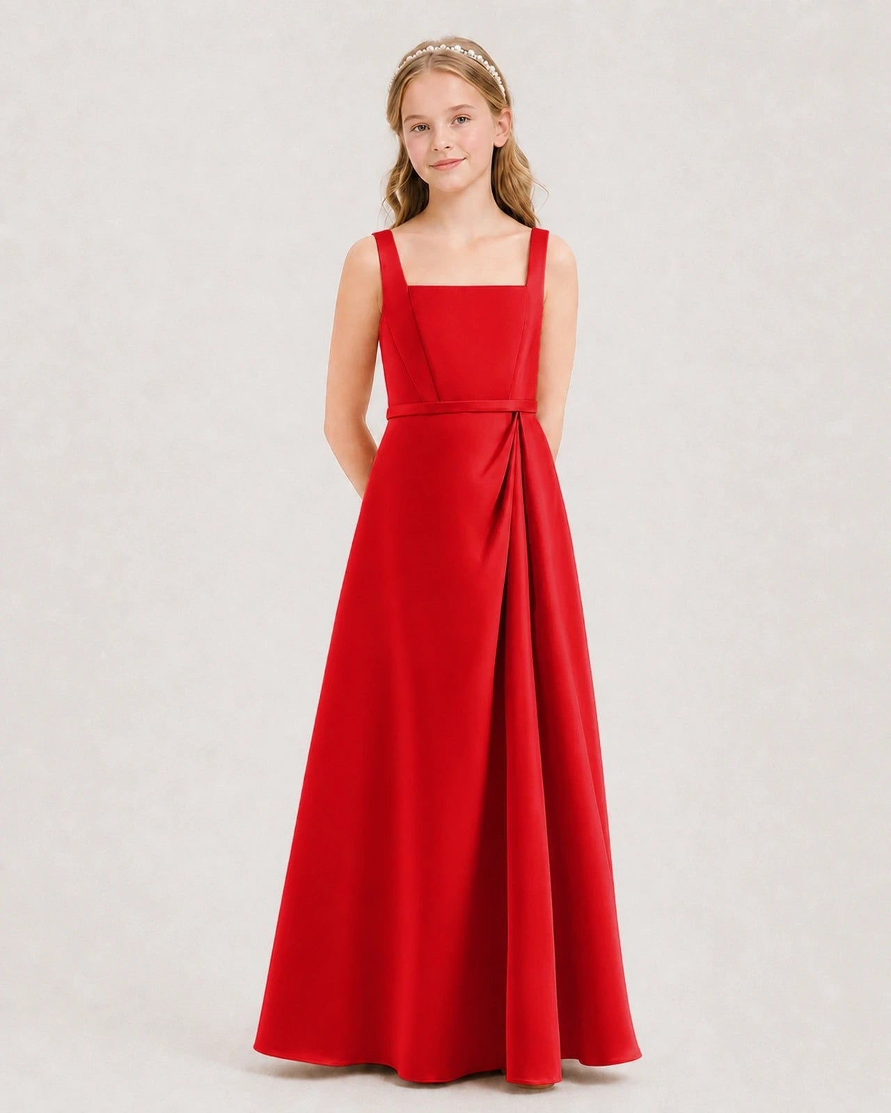 Red Satin A-Line Junior Bridesmaid Dresses Side View