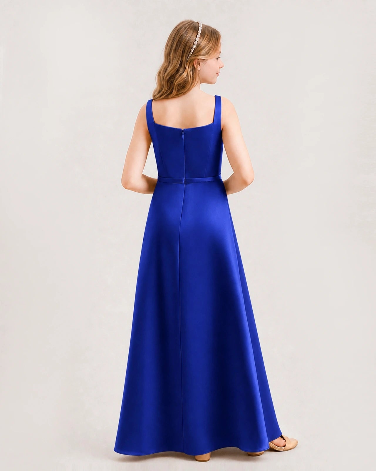 Royal Blue Satin Square Neck A-Line Junior Bridesmaid Dresses Back View