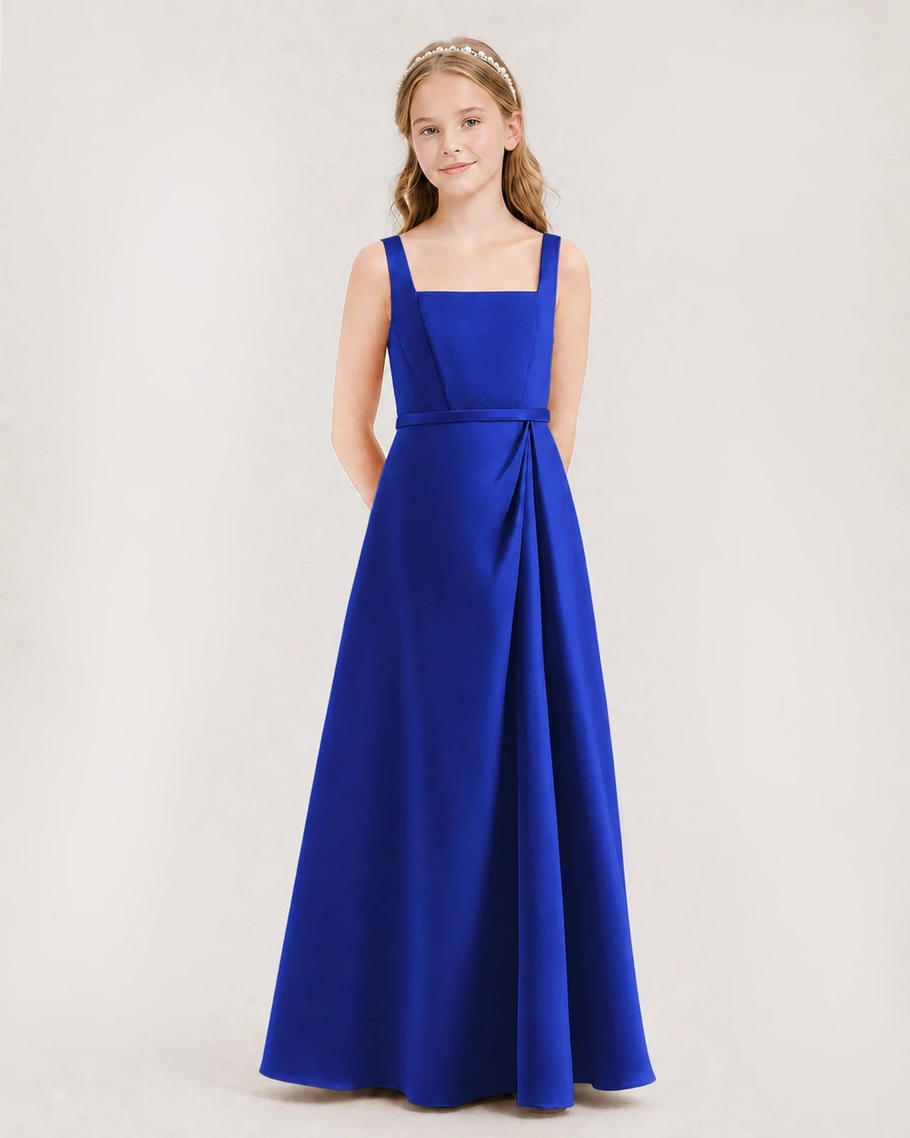 Royal Blue Satin A-line Junior Bridesmaid Dresses Side View
