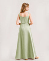 Sage Green Satin A-Line Junior Bridesmaid Dresses Back View
