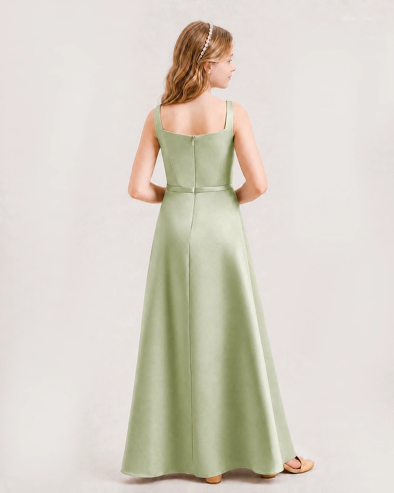 Sage Green Satin A-Line Junior Bridesmaid Dresses Back View