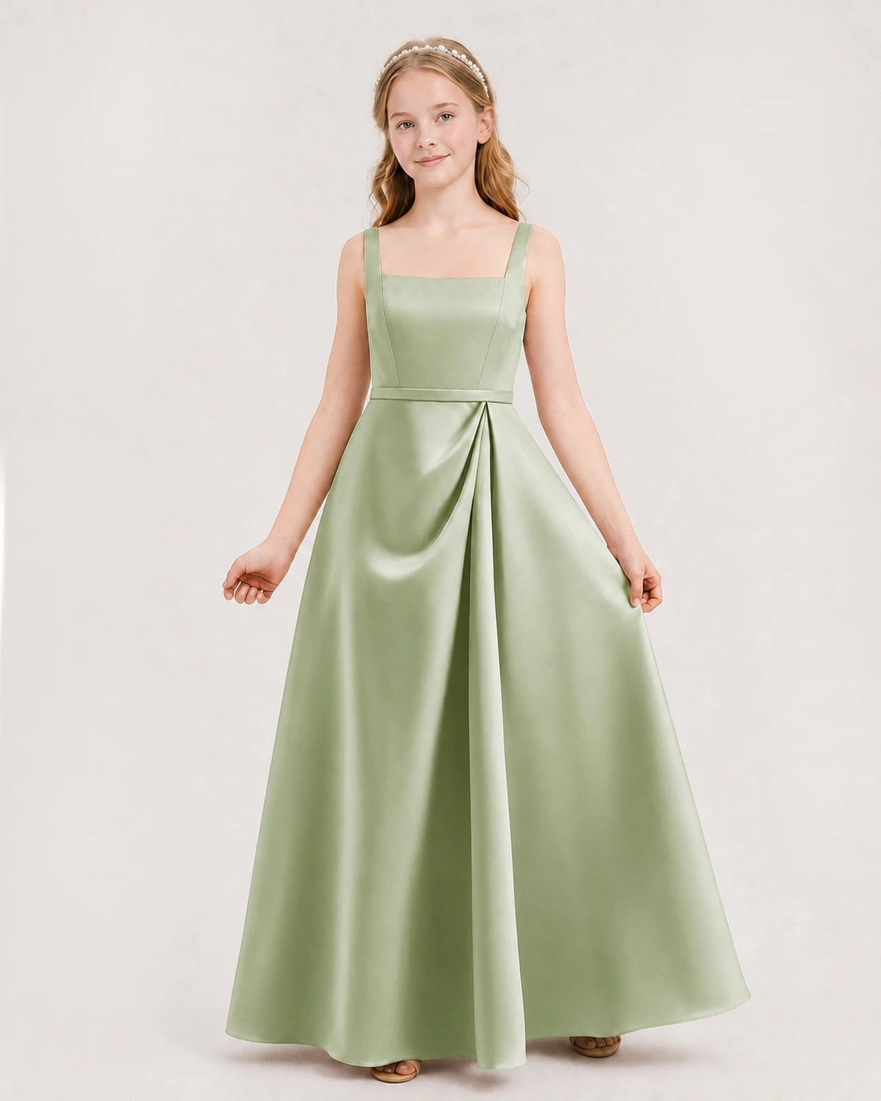 Sage Green Satin Square Neck A-Line Junior Bridesmaid Dresses Front View