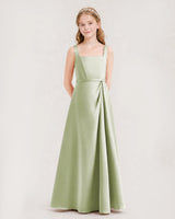 Sage Green Satin Square Neck A-Line Junior Bridesmaid Dresses Side View