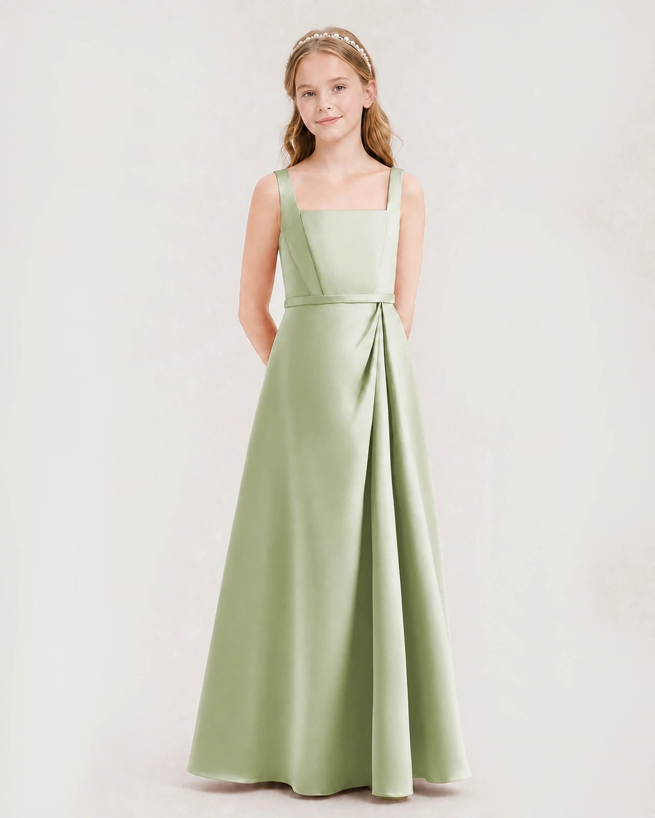 Sage Green Satin Square Neck A-Line Junior Bridesmaid Dresses Side View