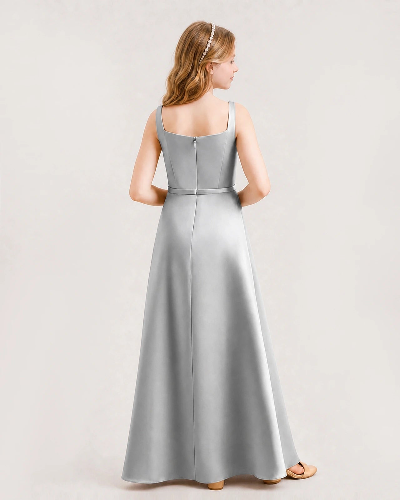 Silver Satin A-Line Junior Bridesmaid Dresses Back View