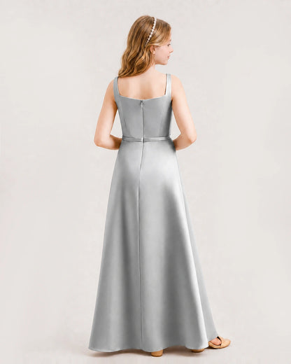 Silver Satin A-Line Junior Bridesmaid Dresses Back View