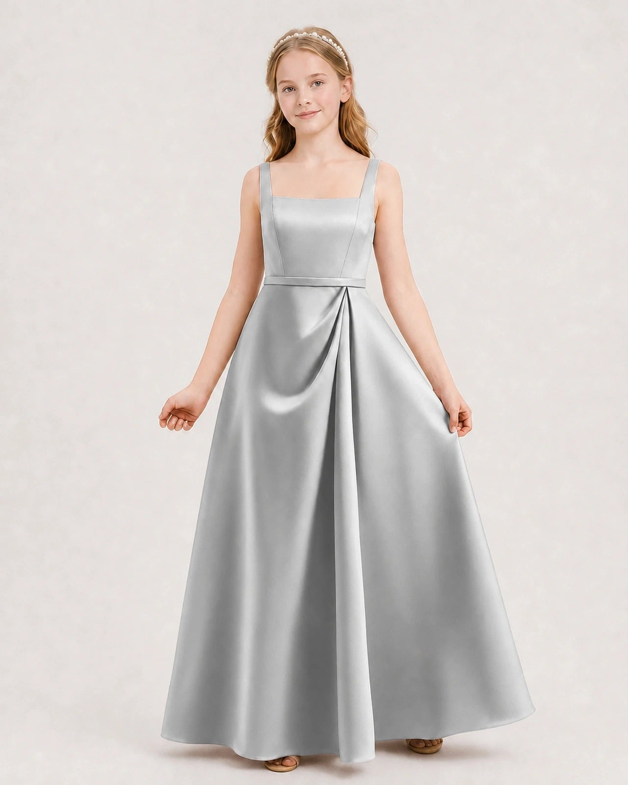 Silver Satin A-Line Junior Bridesmaid Dresses Front View