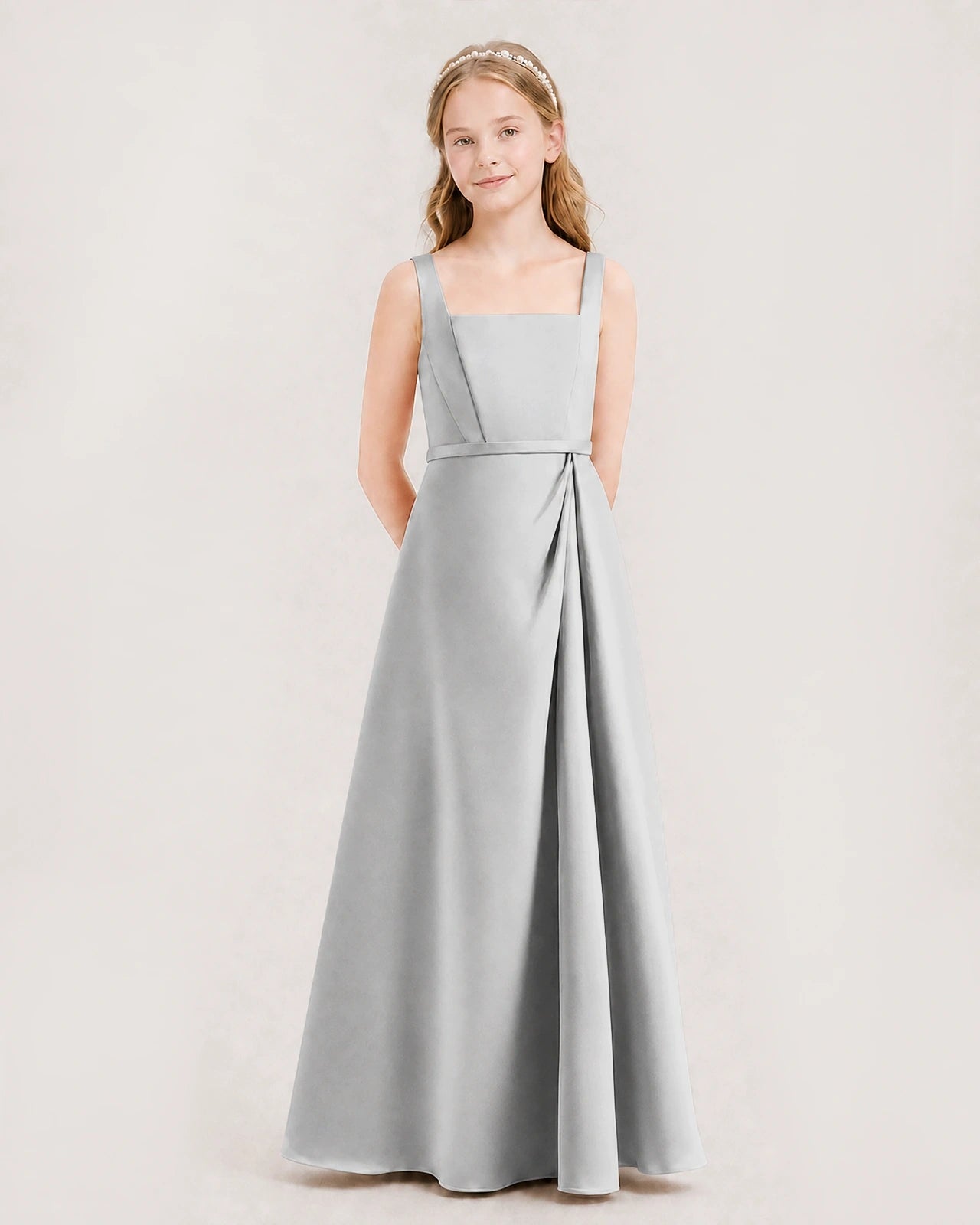 Silver Satin A-Line Junior Bridesmaid Dresses Side View