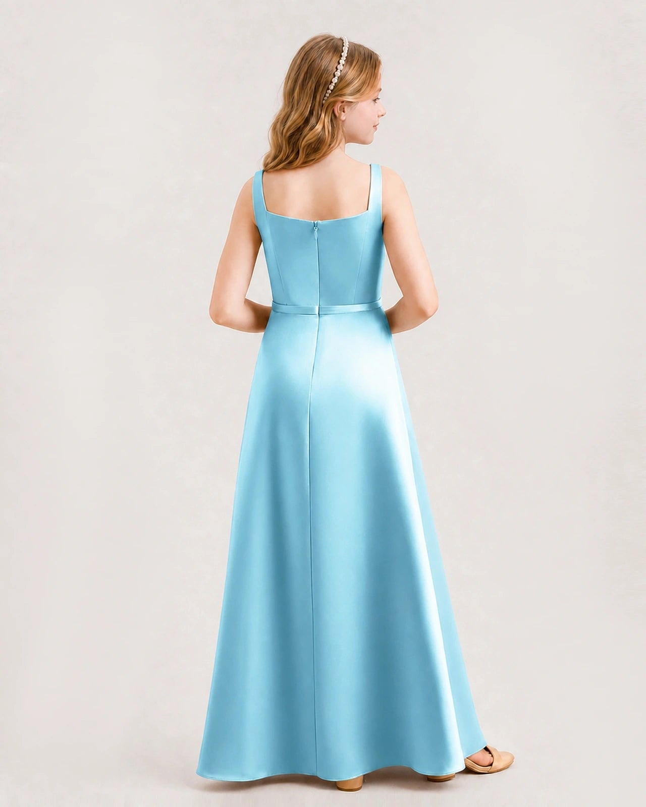 Sky Blue Satin A-Line Junior Bridesmaid Dresses Back View