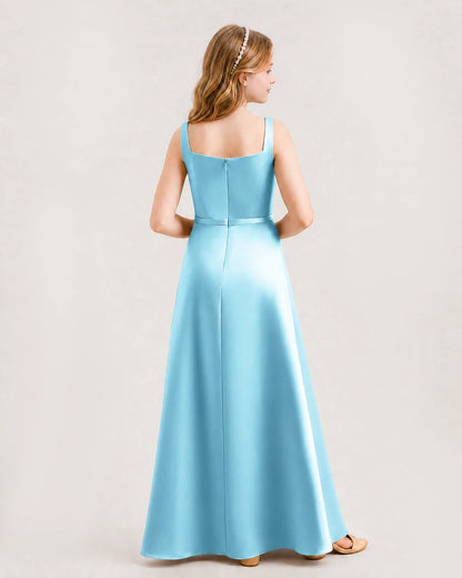 Sky Blue Satin A-Line Junior Bridesmaid Dresses Back View