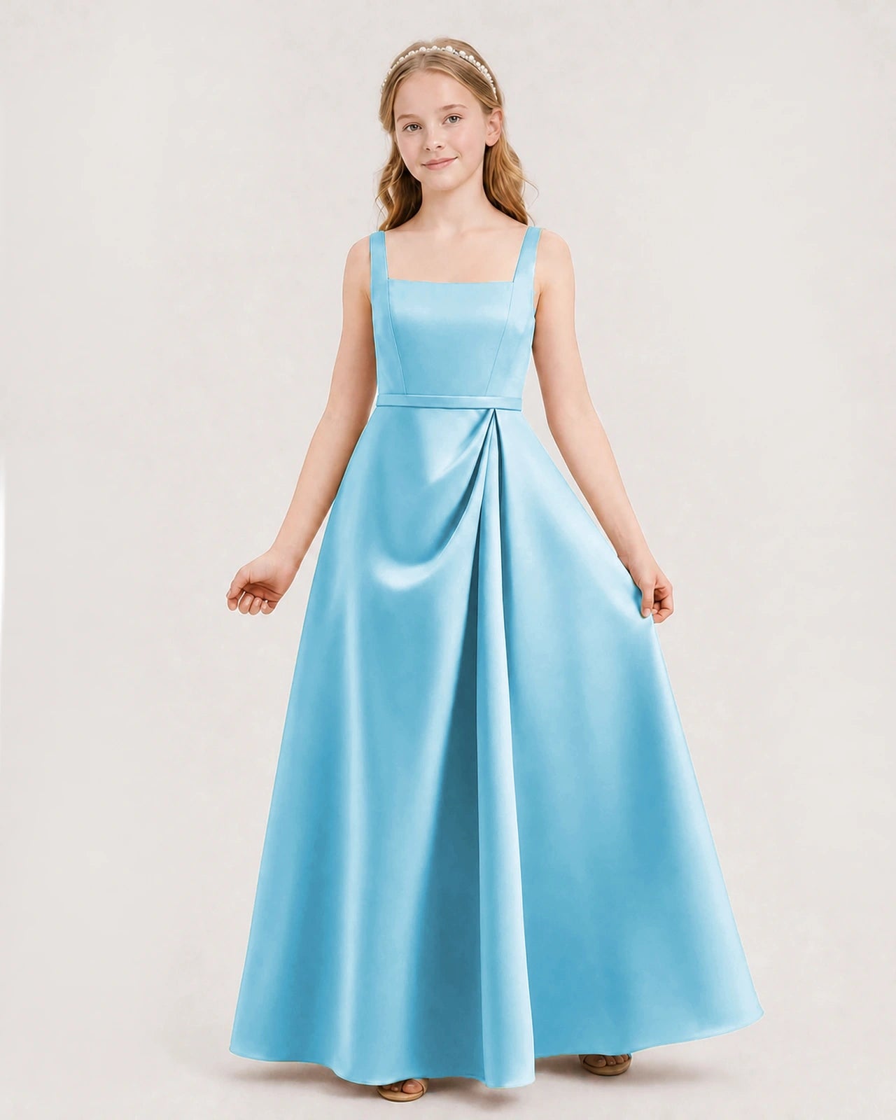 Sky Blue Satin A-line Junior Bridesmaid Dresses Front View
