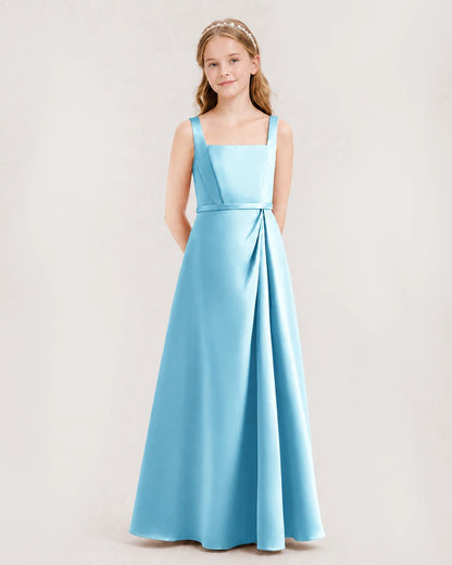Sky Blue Satin A-Line Junior Bridesmaid Dresses Side View