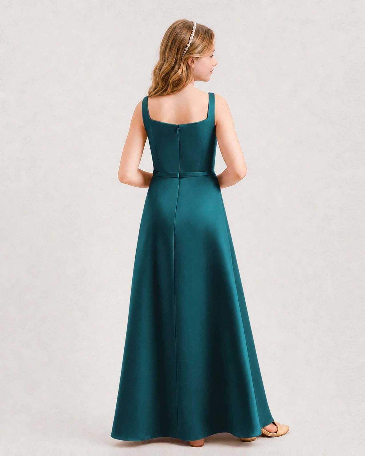 Teal Satin A-Line Junior Bridesmaid Dresses Back View