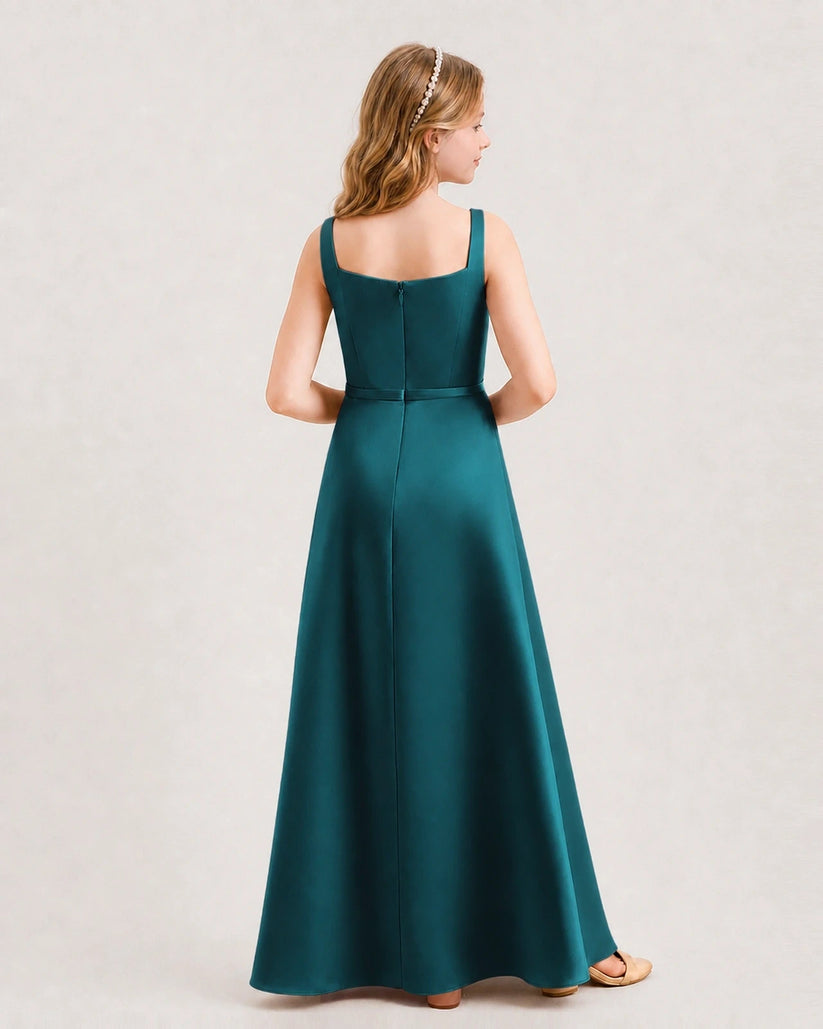 Teal Satin A-Line Junior Bridesmaid Dresses Back View