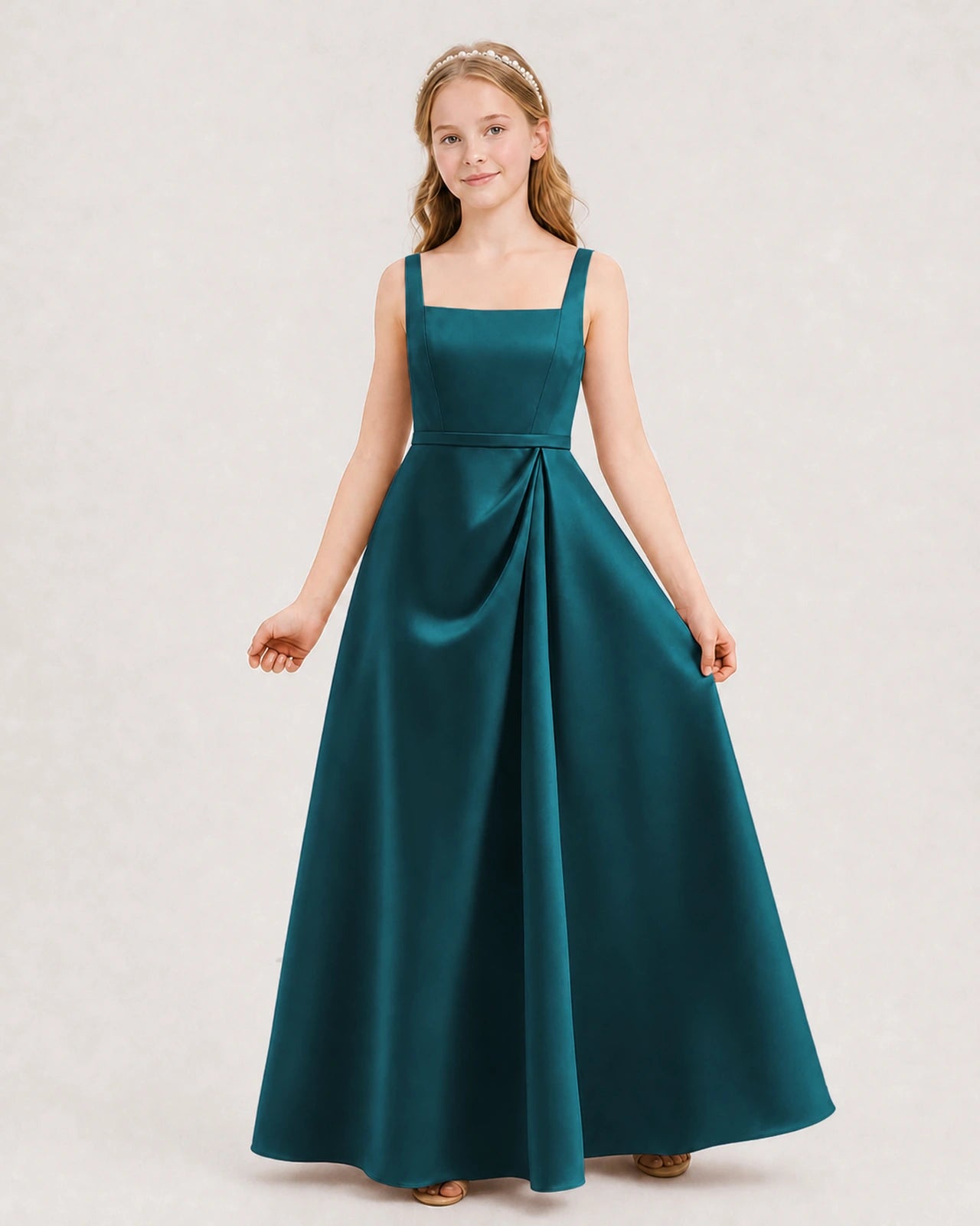 Teal Satin A-Line Junior Bridesmaid Dresses Front View