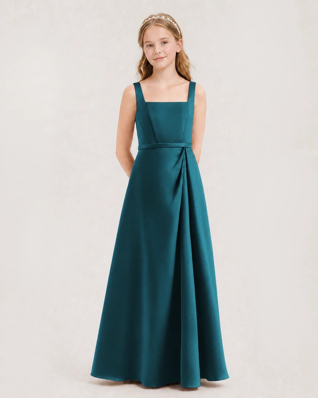 Teal Satin Square Neck Junior Bridesmaid Dresses Side View