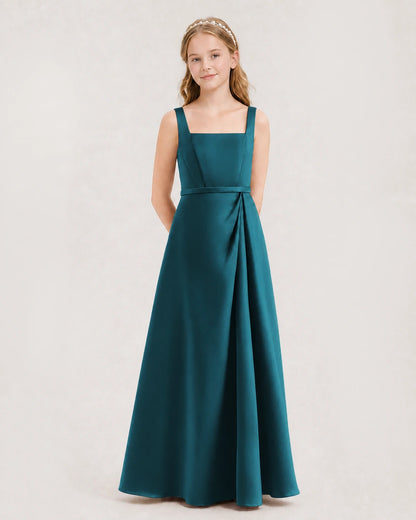 Teal Satin Square Neck Junior Bridesmaid Dresses Side View