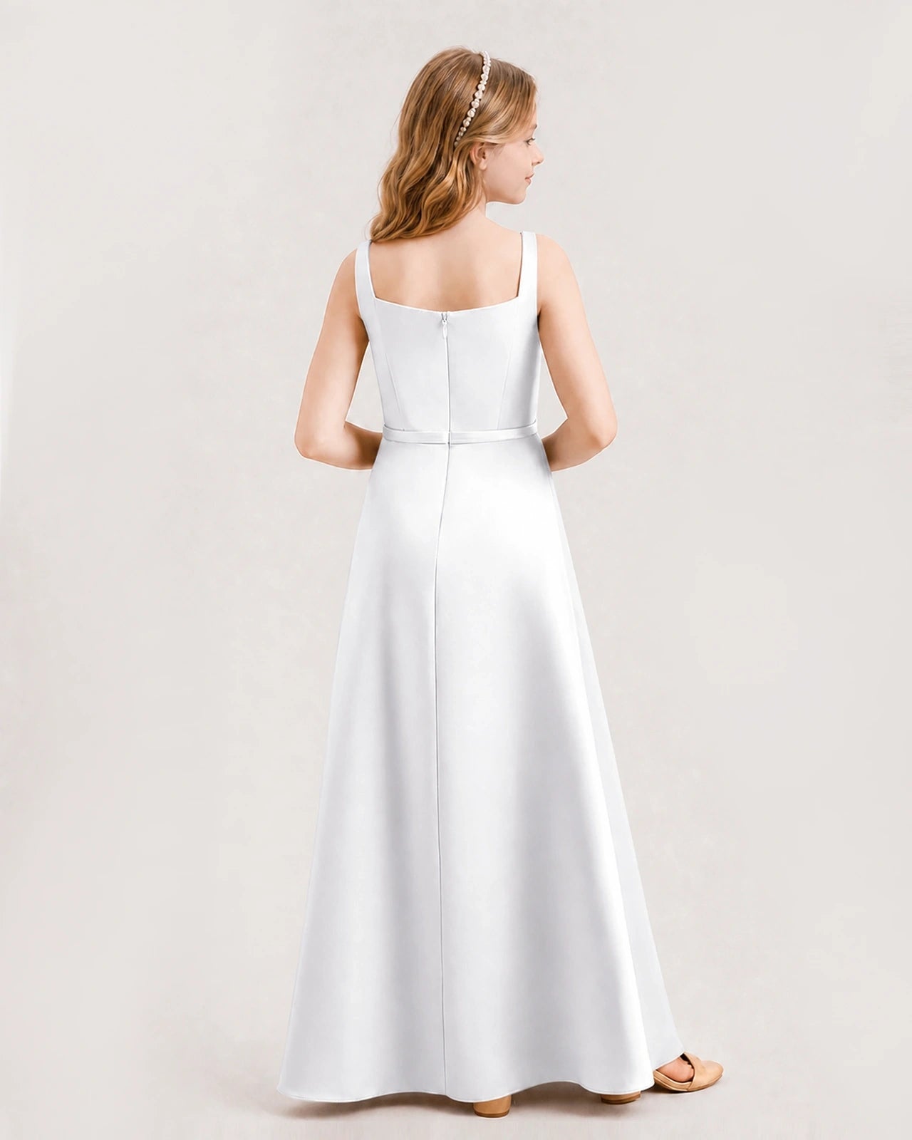 White Satin A-Line Junior Bridesmaid Dresses Back View