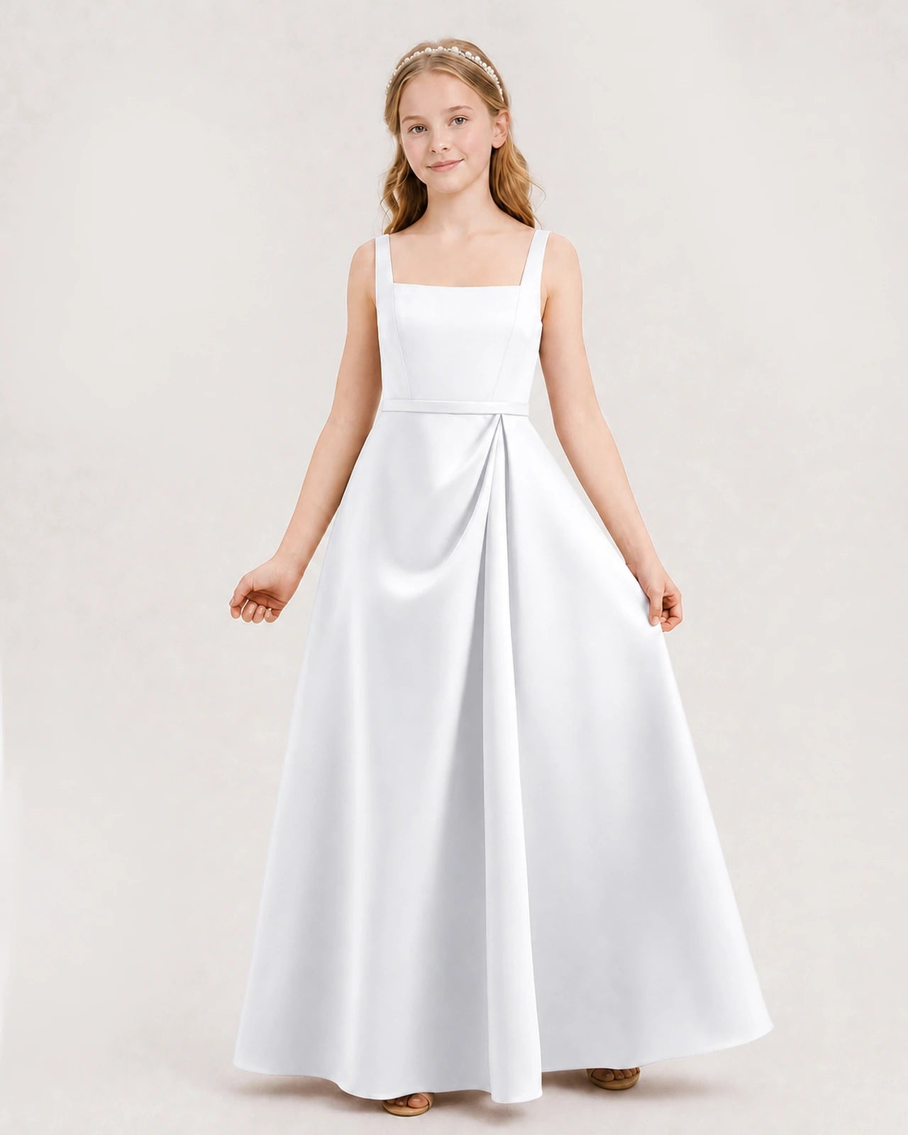 White Satin A-Line Junior Bridesmaid Dresses Front View