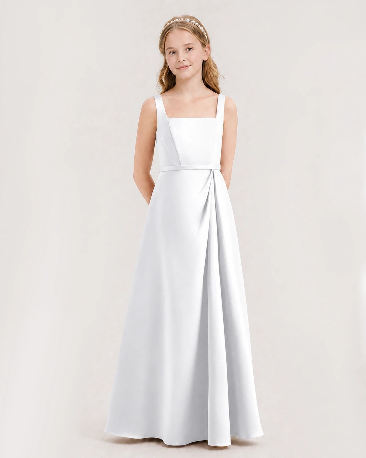 White satin square neck junior bridesmaid dresses side view