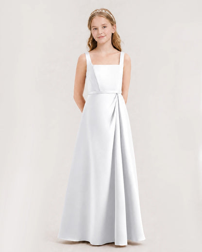 White satin square neck junior bridesmaid dresses side view