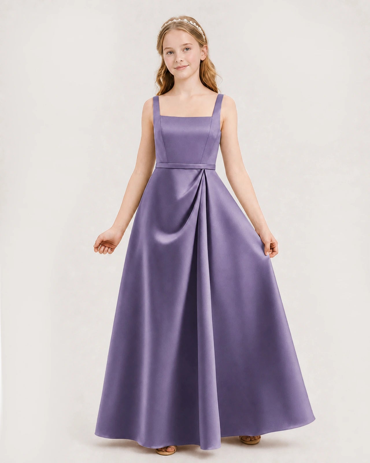 Wisteria satin square neck A-line junior bridesmaid dress Front View