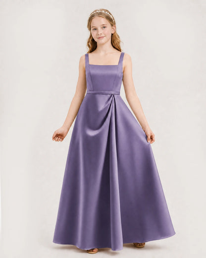 Wisteria satin square neck A-line junior bridesmaid dress Front View