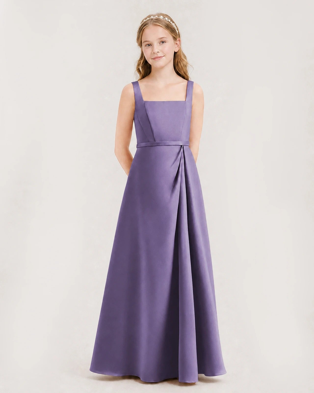 Wisteria Satin Square Neck A-Line Junior Bridesmaid Dresses Side View