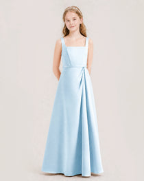Baby Blue Junior Bridesmaid Dress Wide Strap Draped Satin A-Line Floor-Length Gown Front Full View