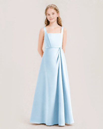 Baby Blue Junior Bridesmaid Dress Wide Strap Draped Satin A-Line Floor-Length Gown Front Full View