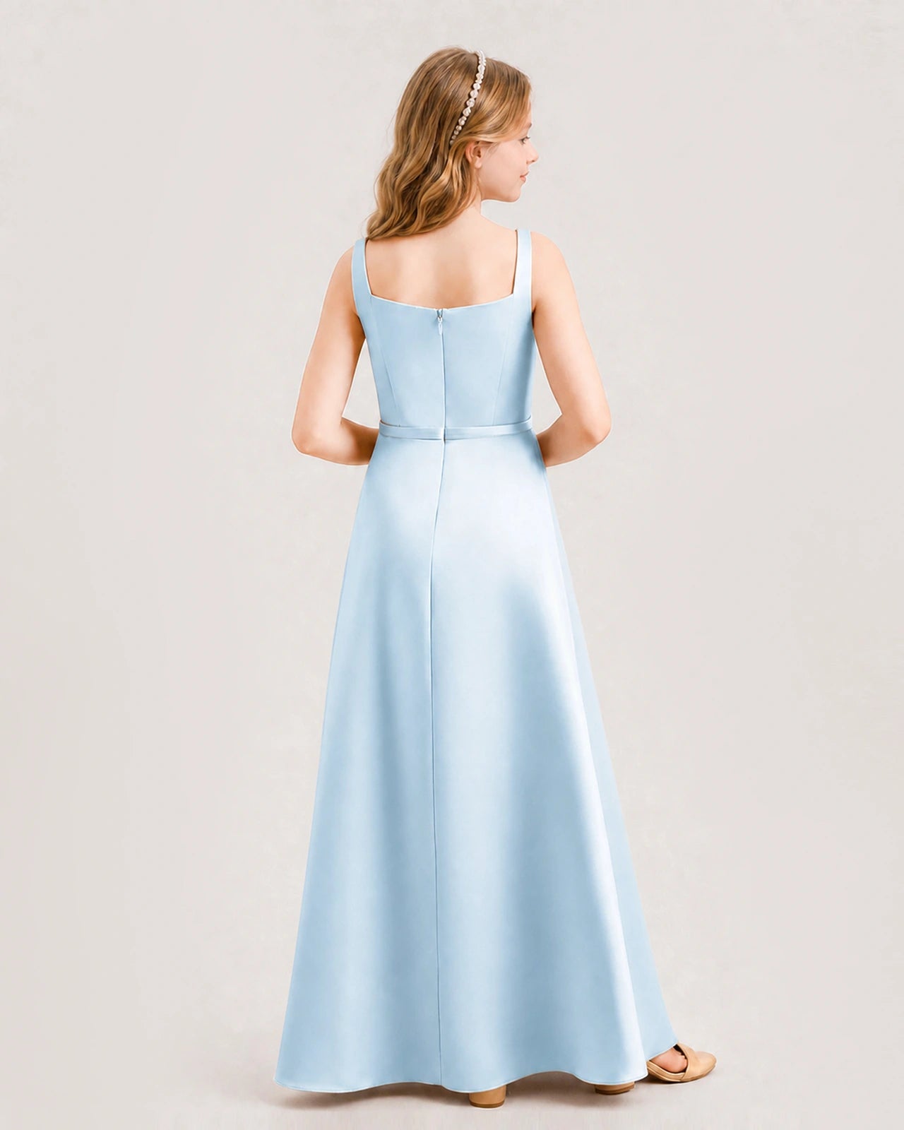 Dideyttawl Light Blue Junior Bridesmaid Dress Wide Strap Draped Satin Floor-Length Gown Image secondaire du produit