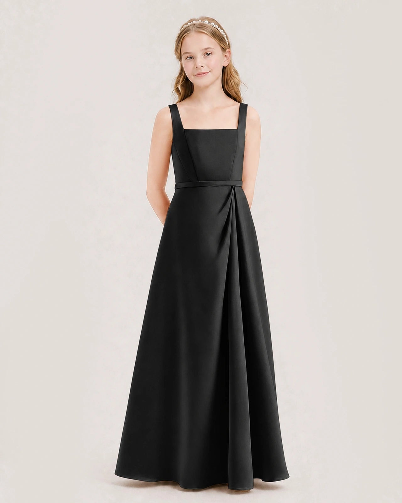 Black Junior Bridesmaid Dress Wide Strap Draped Satin A-Line Floor-Length Gown Front Full View