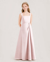 Blush Pink Junior Bridesmaid Dress Wide Strap Draped Satin A-Line Floor-Length Gown Front Full View