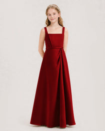 Burgundy Junior Bridesmaid Dress Wide Strap Draped Satin A-Line Floor-Length Gown Front Full View